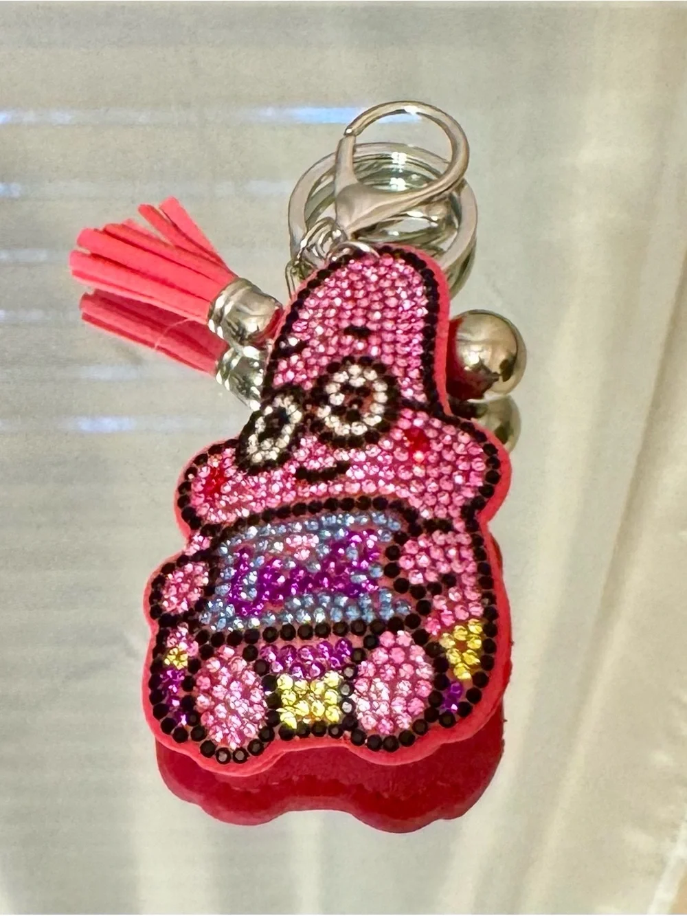 New Crystal-Embellished Pink Patrick Keychain  with Tassel